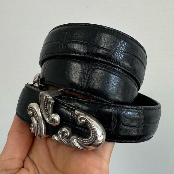 Vintage Black Leather Croc Embossed Western Belt Ornate Silver Buckle Size M - Picture 5 of 8